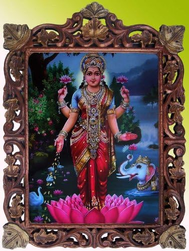 Bogess Laxmi u lotosu Flower Tušing Novac Poster Slikanje u drvo za obnarenje za obnarenje za ruke