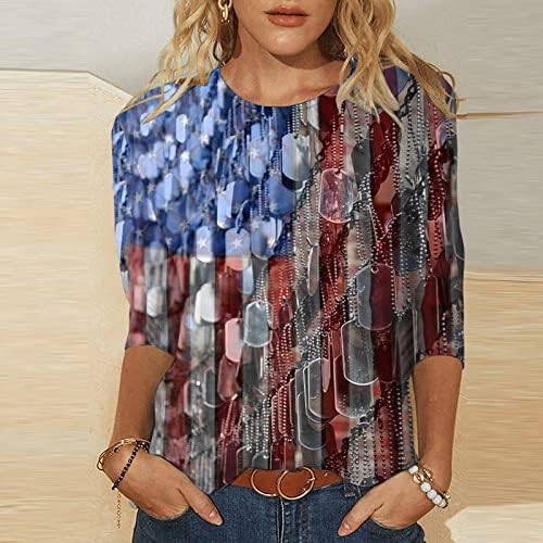 4. jula majice za žene američka zastava ljeto 3/4 rukav Crew Neck Tees tri četvrtine rukav Holiday Casual