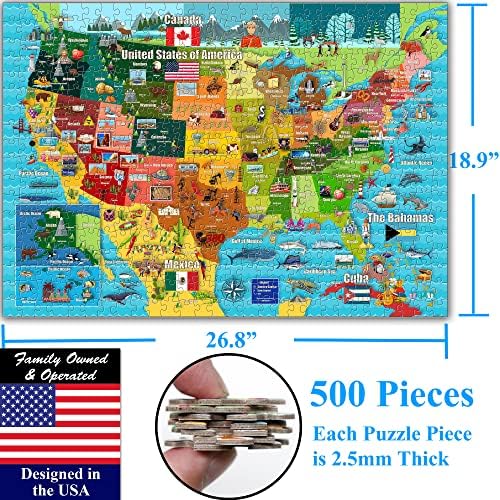 Think2Master šarene Sjedinjene Države karta 500 komada velikog formata slagalice za djecu 12+, Tinejdžeri, odrasle & obitelji. Odličan poklon za podsticanje interesovanja za kartu SAD. Veličina: 26.8X 18.9