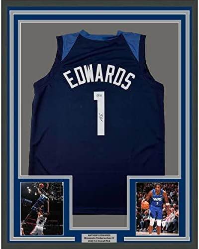 Uokvireni autogramirani / potpisan Anthony Edwards 33x42 Minnesota plavi košarkaški dres Beckett Bas Coa