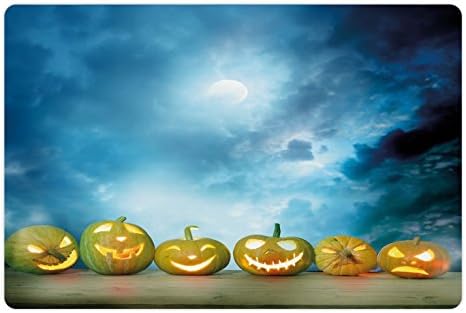 Lunarable Halloween pet prostirka za hranu i vodu, sablasne bundeve za Noć vještica na drvenom stolu dramatični