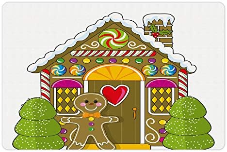 Ambesonne Gingerbread Man prostirka za kućne ljubimce za hranu i vodu, kuća od medenjaka sa šarenim bombonima