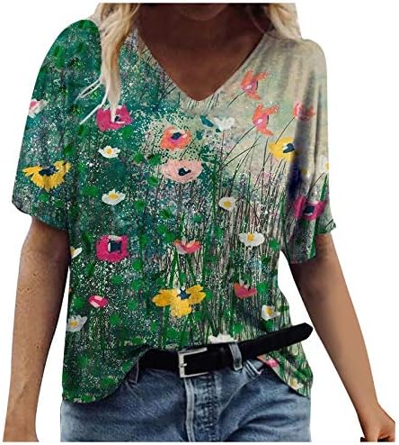 Žene ljetne vrhove Dressy casual 2023 V izrez kratki rukav majica cvjetni labavi fit coveing ​​majica workout