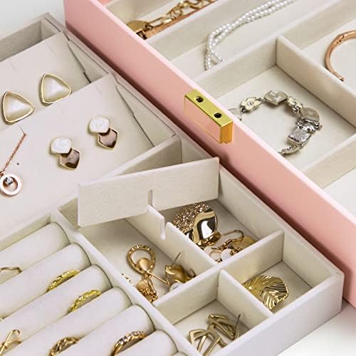 Kamier nakit za žene, ruža uzorka Velika kutija za nakit sa 2 sloja prikazuje nakit Organizator Skladištenje za naušnice, prsten, ogrlicu, narukvice