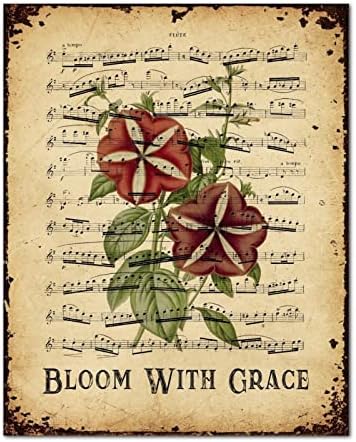 Bloom s gracioskom drvenom znaku Vintage Music list Lily Flower Wellow Retro botanička umjetnička djela