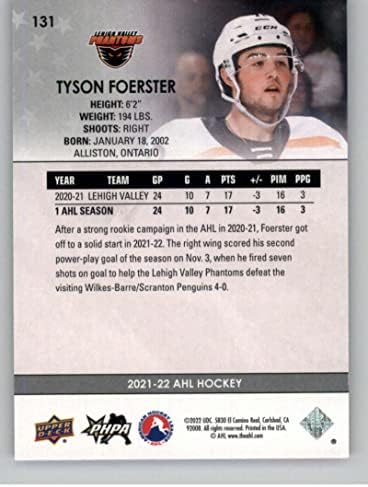 2021-22 Gornja paluba Ahl 131 Tyson Foerster Star Rookies RC Rookie Lehigh Valley Phantoms Hokej trgovačkoj