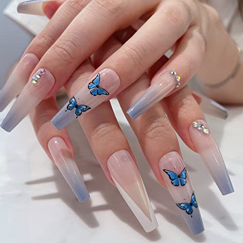 Nivyco Long Coffin Press na noktima sa plavim leptirom dizajn akrilni lažni nokti Savjeti Ballerina Prom