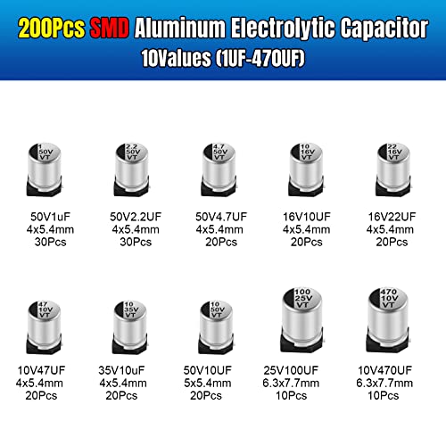 BEEYUIHF 200 kom 10 vrijednosti komplet za asortiman elektrolitičkih kondenzatora 1uf-470UF SMD aluminijumski