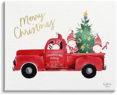 Stupell Industries Sretan božićni odmor Crveni kamion Santa Gnomes & Tree, Dizajn HEATHERLEE CHAN