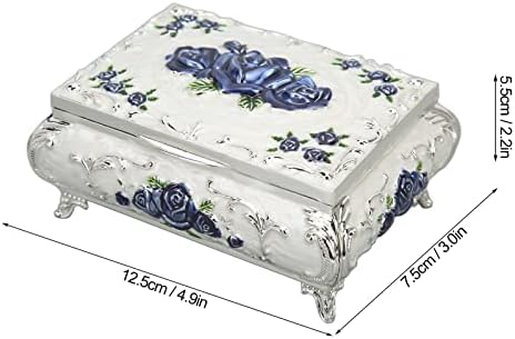 Vintage nakit, izvrsna i prekrasna pravokutna metalna legurna kutija za dame i djevojke srednje srebrne bijele plave ruže