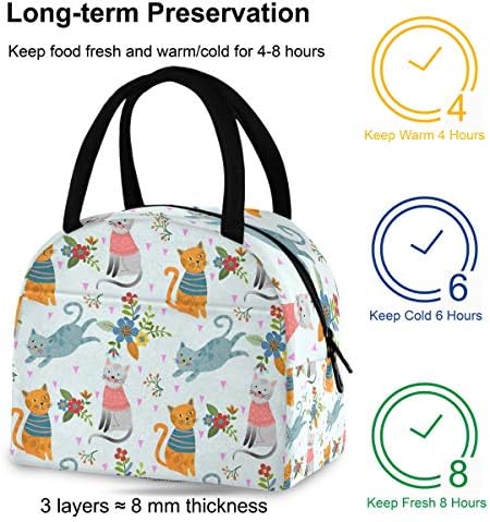 Izolovana torba za ručak za žene - slatko mačje cvijeće ostavlja velike nepropusne torbe za ručak s naramenicama