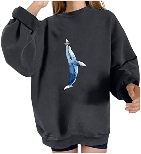 Crewneck Dukseri za žene Estetski vintage kitov grafički grafički pulover dugih rukava Lood Fit preveliki