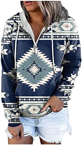 MRGIINRI ženski Vintage Aztec Print Tops Western Ethnic Half Zip Dugi rukav pulover Casual Drawstring dukserica sa kapuljačom