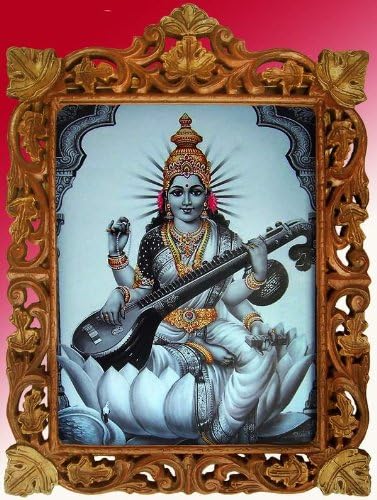 Bogess Saraswati u Lotusu sa Saraswati Veena Poster Slikarstvo u drveni obrub