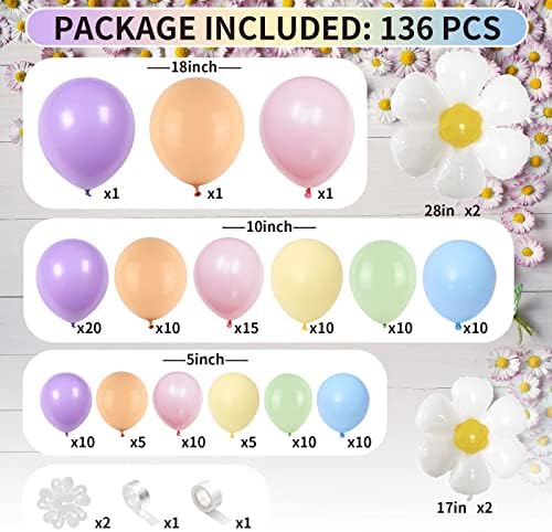 136 PCS Daisy Balloon Garland, pastelni balon luk Garland Kit sa daisy cvećem folijom baloni, makaron pastel