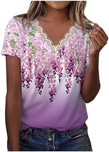 Uqrzau ženske majice casual labave košulje V izrez kratki rukav cvijet od čipke čipke The majice The 2023