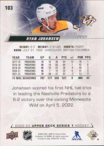 2022-23 Gornja paluba 103 Ryan Johansen Nashville Predators Series 1 NHL hokejaška trgovačka kartica