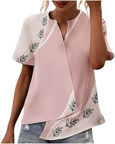 Qtthzzr vrhovi za žene Casual ljetni blok u boji kratki rukavi s V-izrezom majice s nepravilnim modnim bluzama
