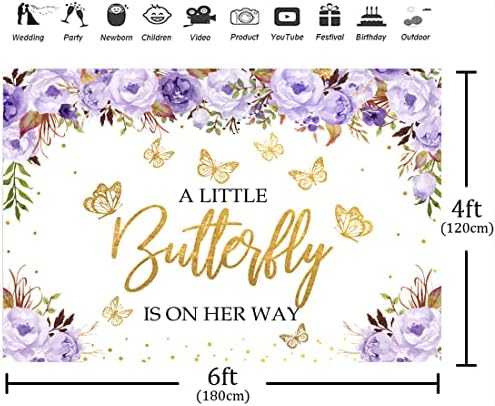 Aperturee A Little Butterfly je na putu Baby Shower Backdrop 6x4ft ljubičaste Floral Gold Dots djevojke