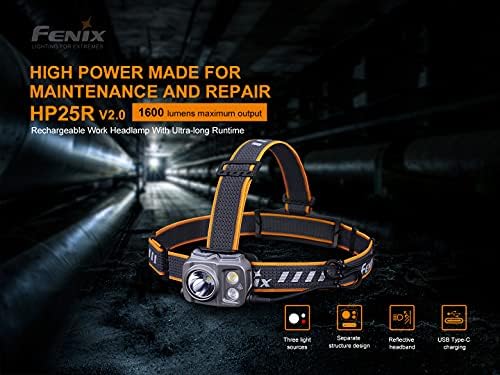 Fenix ​​HP25R V2.0 Skupljanje punjivog svjetla sa sigurnosnim kopijama, 1600 lumena reflektora, 400 lumena