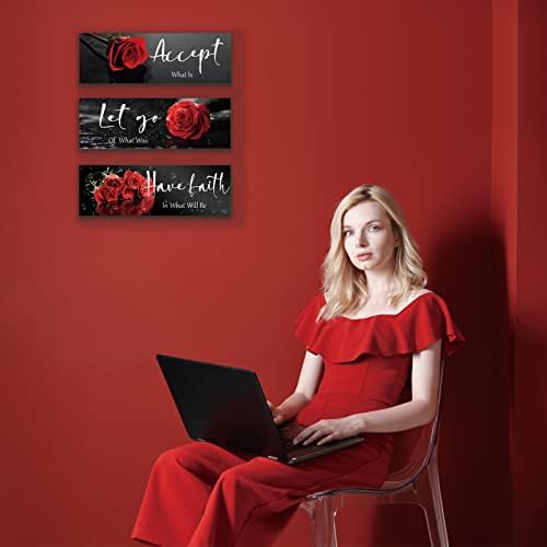 3 kom crveni dekor cvijet Inspirativna drvena zidna umjetnost crvene ruže dekor uredskog zidnog dekora s prihvaćam Pustite vjere pozitivne citate za djevojčicu Žene kupaonice dnevne spavaće sobe