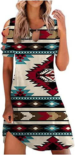 Guoxxzi Cold Shoulder Mini Dresses for Women Loose Casual Short Sleeve Print Dress Summer Keyhole Color Block Beach Dress