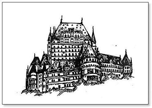 Chateau Frontenac ručno nacrtan crno-bijeli Magnet za frižider sa ilustracijom