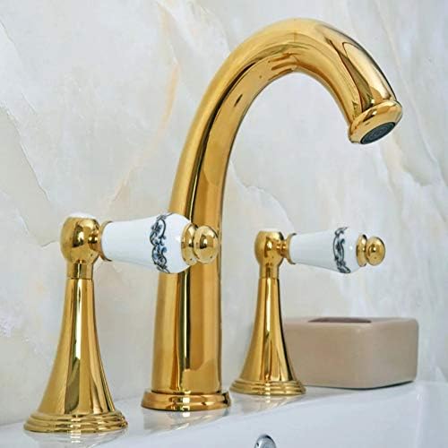 Zlatna boja mesinga dvostruka ručka 3 rupe instalacija široko rasprostranjena paluba u kupaonici umivaonici