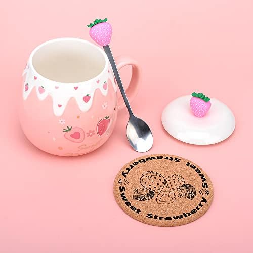 Ružičasta šolja, Kawaii šolja od jagode,slatka keramička šolja za kafu sa poklopcem i Ljupkom kašikom,slatki