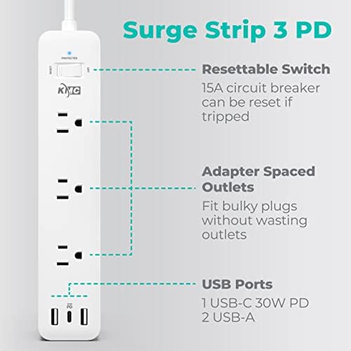 KMC USB - C PD zaštita od prenapona 3-Izlazna utičnica 2-paket, 30w dostava snage USB-C Port, 2 USB-a porta, 980j zaštita od prenapona, Produžni kabl od 6 stopa, bijeli