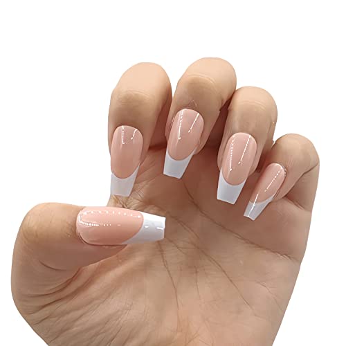 24kom Francuski Tip Press na noktima, kratki kvadratni lažni nokti, ružičasto bijeli umjetni nokti sa dizajnom