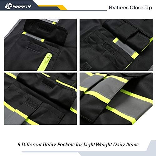 JKSafety 9 džepovi sigurnosni prsluk visoke vidljivosti za muškarce i žene sa patentnim zatvaračem prednji