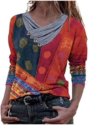 Ženske duge rukave majice dugme naborane dekolte Tees etničke Vintage štampane bluze Retro patchwork pulover