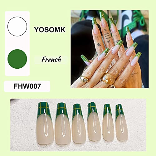 YOSOMK zeleni francuski vrh pritisnite na noktima dugo sa dizajnom mreže sjajni kovčeg lažni nokti pritisnite
