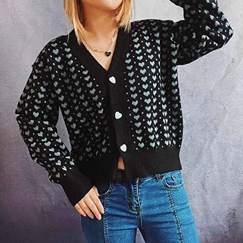 XipCokm Cardigan džemperi za žene Ispis srca Jesen Dugi rukav Otvorite gumb Prednje odjeće Dolje V-izrez