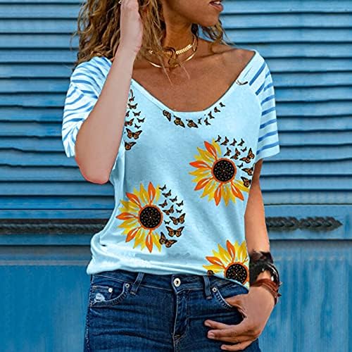 LUOPUNAQ ljetni vrhovi ženske košulje s V-izrezom kratke rukave suncokretov leptir grafički Tees bluza labava