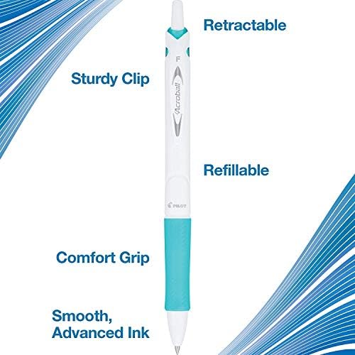 PILOT Acroball PureWhite Advanced Ink Refillable & uvlačive hemijske olovke sa tirkiznim/narandžastim/ljubičastim/krečnim/plavim