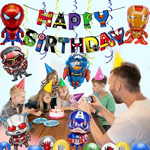 laoyeboho 106 kom superheroj Rođendanska zabava ukras zalihe za dječake djevojčice i odrasle superheroj tema rođendanske zabave dekoracije, uključujući rođendan transparente, baloni, maske, spiralna vješalice