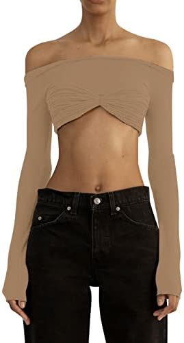 Žene od ramena s dugim rukavima odsječene trake Slim Fit Stretchy Top Solid Boja Backlex majica modna seksi