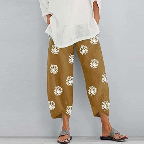 Pamučne posteljine obrezane hlače za žene za žene Ležerne prilike ljetne kapri hlače sa džepovima Baggy